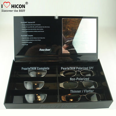 Porcellana Vetrina visiva dell'esposizione del deposito di vetro degli occhiali da sole del controsoffitto acrilico nero del contenitore per esposizione fornitore