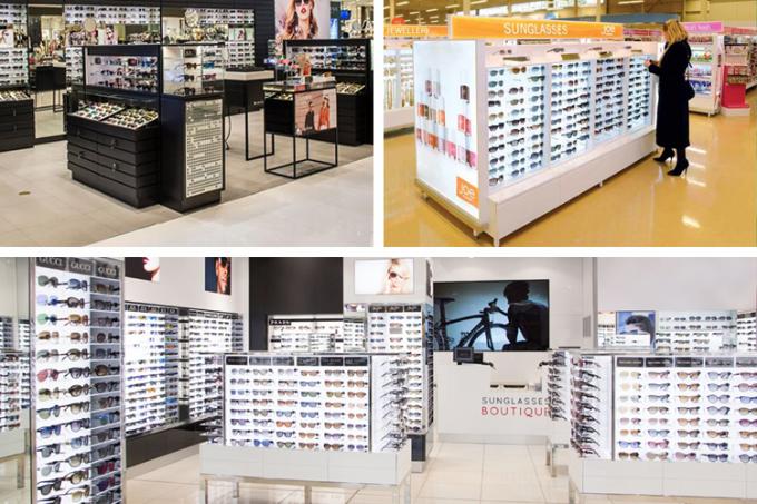 Banco di mostra di legno commerciale di Sunglass dell'esposizione degli occhiali da sole di vendita del cliente